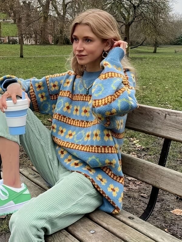 Plus Size Casual Sweater, Women's Plus Colorblock Floral Print Long Sleeve Round Neck Jumper