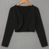 Solid Color Open Front Crop Jacket, Versatile Long Sleeve Outwear For Spring & Fall, Women's Clothing
