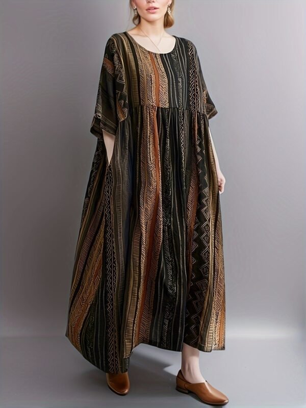 Plus Size Colorblock Stripe Print Loose Dress, Casual Short Sleeve Ruched Dress For Spring & Summer, Women's Plus Size Clothing