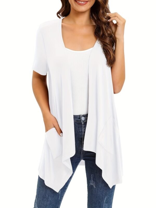 Dual Pockets Open Front Coat, Casual Short Sleeve Coat For Spring & Summer, Women's Clothing