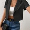 Solid Color Button Crop Jacket, Chic Lapel Neck Short Sleeve Jacket For Spring & Summer, Women's Clothing