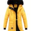 Women's Winter Puffer Jacket, Faux Fur Collar Hooded Coat, Zip-up Snap Button Windproof Thermal Casual Jacket