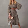 Striped Print Lantern Sleeve Dress, Stylish Notch Neck Dress For Spring & Fall, Women's Clothing