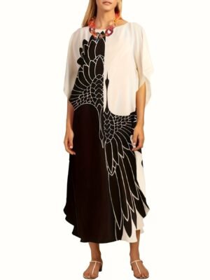 090cc78d-8d69-4a40-be2b-ea1a63ff672d.jpg Color Block Crew Neck Dress, Casual Short Sleeve Loose Asymmetrical Dress For Spring & Summer, Women's Clothing