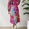 Abstract Print Crew Neck Dress, Elegant Long Sleeve Belted Dress For Spring & Fall, Women's Clothing