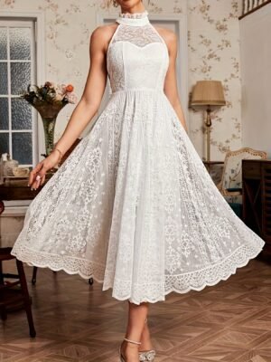 0b6a53f6-c42d-4c95-af57-eaa8602363d2-1.jpg Solid Lace Scallop Trim Halter Dress, Elegant Sleeveless Ruffle Hem Swing Aline Dress For Party & Banquet, Women's Clothing