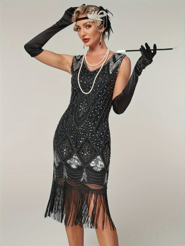 Sparkling Sequin V Neck Dress, Elegant Sleeveless Sheath Fringe Hem Dance Dress For Party & Club, Women's Clothing