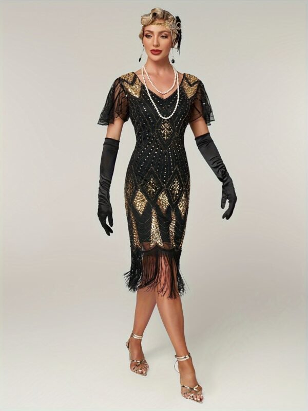 Sequin V Neck Dress, Elegant Fringe Hem Dress For Party & Club, Women's Clothing Wedding/Evening dress/Occasion/Engagement/Ceremony