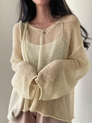 Solid Knitted Pullover Top, Casual Crew Neck Long Sleeve Crochet Coverup Top, Women's Clothing
