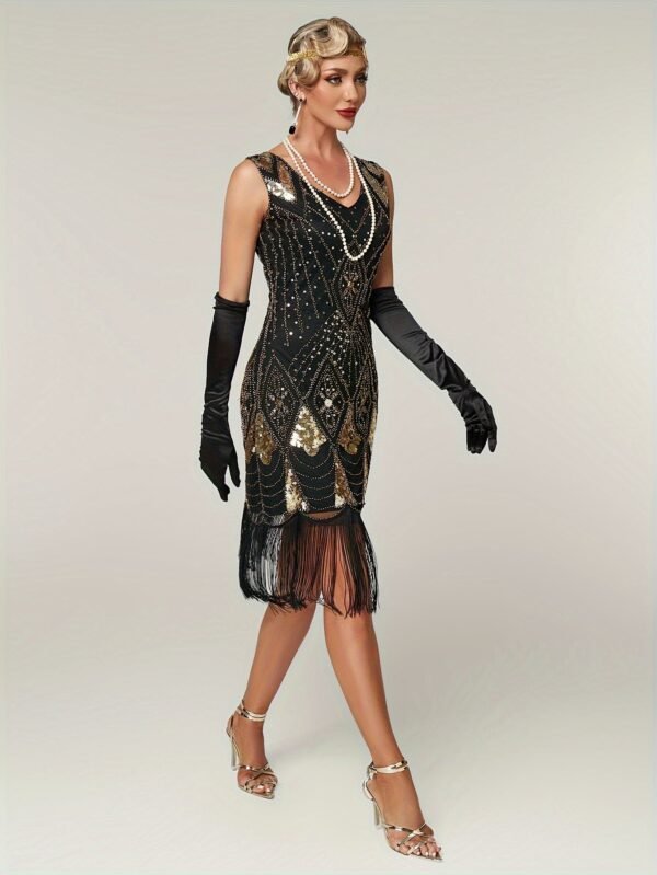 Sparkling Sequin V Neck Dress, Elegant Sleeveless Sheath Fringe Hem Dance Dress For Party & Club, Women's Clothing