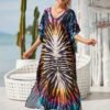 Plus Size Vacay Dress, Women's Plus Leaf Print Bat Sleeve V Neck Split Hem Cover Up Maxi Dress