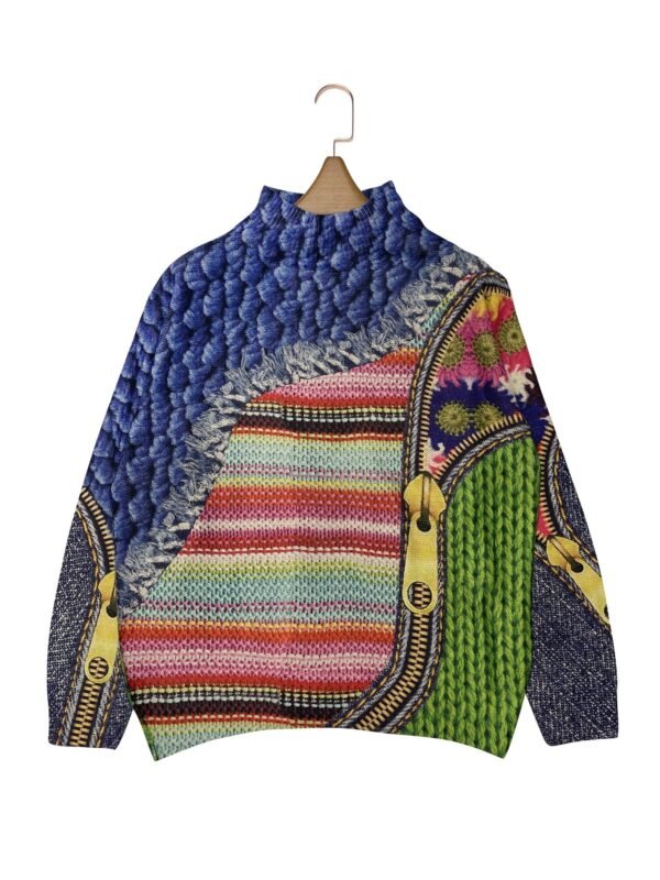 FULL PRINTED Knitted Pullover, Casual Long Sleeve Mock Neck Top, Women's Clothing