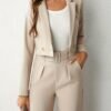 Business Casual Two-piece Set, Double-breasted Lapel Long Sleeve Blazer & Belted Wide Leg Pants Outfits, Women's Clothing