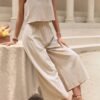 Elegant Solid Color Pantsuits Set, Crew Neck Sleeveless Tank Top & Wide Leg Pants Outfits, Women's Clothing
