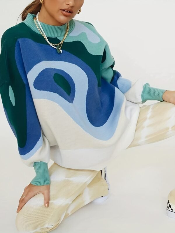 Plus Size Casual Sweater, Women's Plus Abstract Print Long Sleeve Mock Neck Medium Stretch Pullover Jumper