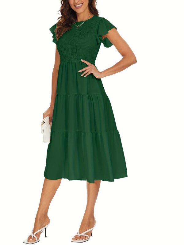 Solid Color Shirred Midi Dress, Elegant Flutter Sleeve Ruffle Hem Dress For Spring & Summer, Women's Clothing