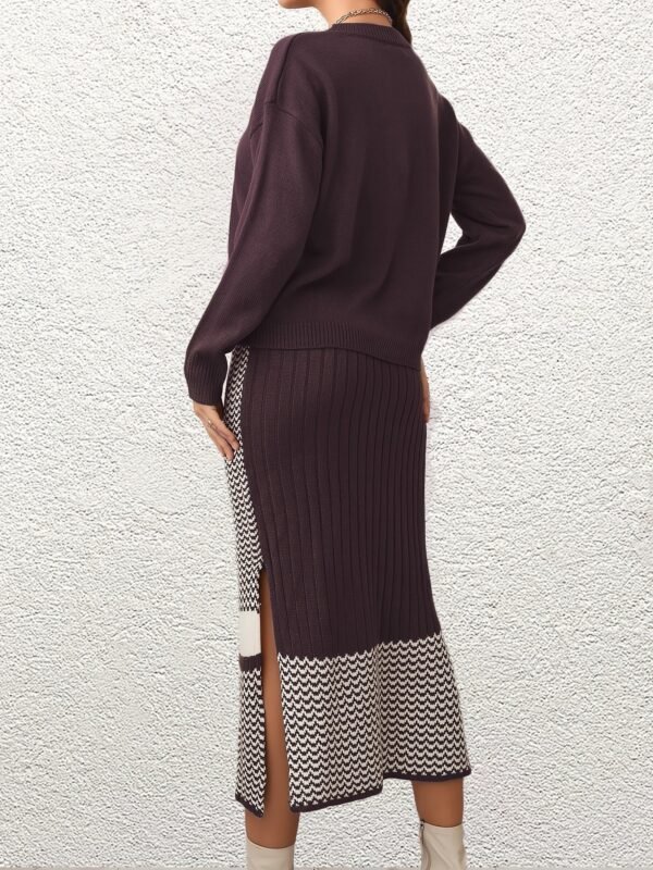 14d1ff4c5ec8df190e2e42bbd328ed75-1.jpg Elegant Sweater Two-piece Set, Solid Long Sleeve Knit Sweater & Split High Waist Skirts Outfits, Women's Clothing