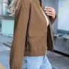 Solid Button Front Bomber Jacket, Casual Long Sleeve Outerwear With Pockets, Women's Clothing