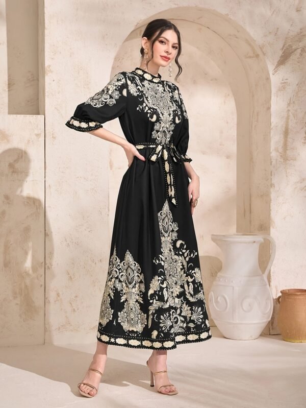 Paisley Print Crew Neck Dress, Elegant Tie Waist Ankle Length Half Sleeve Dress For Spring & Summer, Women's Clothing