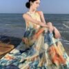 Floral Print Crew Neck Maxi Dress, Vacation Sleeveless Flared Tiered Beach Swing Dress, Women's Clothing