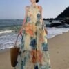 Floral Print Crew Neck Maxi Dress, Vacation Sleeveless Flared Tiered Beach Swing Dress, Women's Clothing