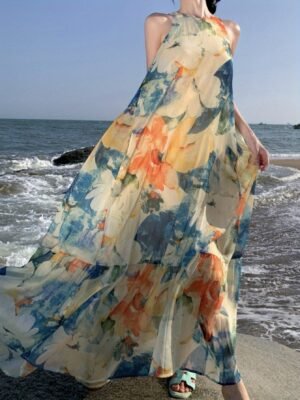 1715072115859-ab31b6725e1b439ebfef410bf606e4aa-goods.jpg Floral Print Crew Neck Maxi Dress, Vacation Sleeveless Flared Tiered Beach Swing Dress, Women's Clothing