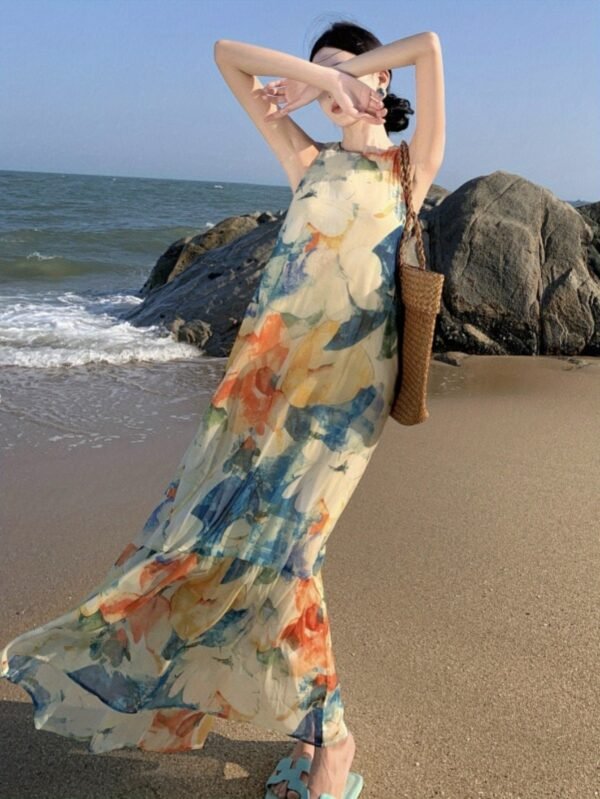 Floral Print Crew Neck Maxi Dress, Vacation Sleeveless Flared Tiered Beach Swing Dress, Women's Clothing