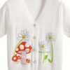 Floral & Mushroom Pattern V Neck Cardigan, Casual Beaded Button Short Sleeve Sweater For Spring & Summer, Women's Clothing