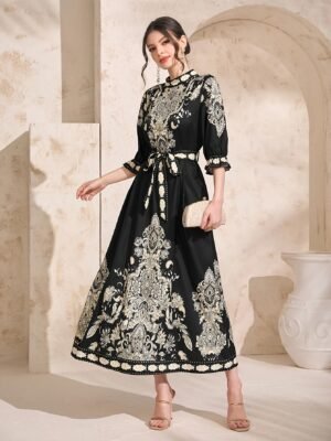 1837f844-8c45-4e51-a886-8e4b6b754645-1.jpg Paisley Print Crew Neck Dress, Elegant Tie Waist Ankle Length Half Sleeve Dress For Spring & Summer, Women's Clothing