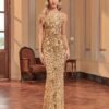 Contrast Sequin Backless Dress, Party Wear Sleeveless Bodycon Maxi Dress, Women's Clothing