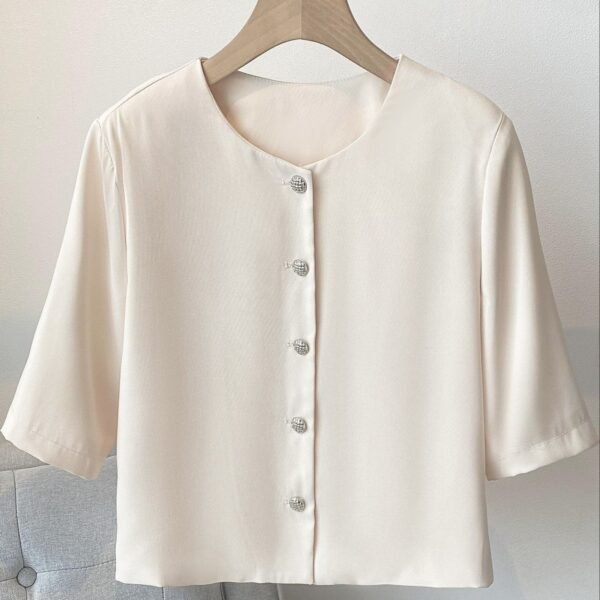 Solid Color Button Front Jacket, Elegant Half Sleeve Jacket For Summer & Spring, Women's Clothing