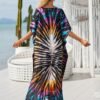Plus Size Vacay Dress, Women's Plus Leaf Print Bat Sleeve V Neck Split Hem Cover Up Maxi Dress