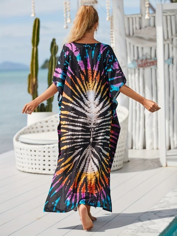 Plus Size Vacay Dress, Women's Plus Leaf Print Bat Sleeve V Neck Split Hem Cover Up Maxi Dress