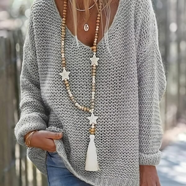 Solid V Neck Knitted Pullover Sweater, Casual Long Sleeve Sweater For Spring & Fall, Women's Clothing