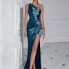 One Shoulder Split Thigh Ruched Dress, Elegant Sleeveless Dress For Party & Banquet, Women's Clothing Wedding/Evening dress/Occasion/Engagement/Ceremony