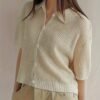 Solid Color Button Front Knit Cardigan, Casual Collared Short Sleeve Cardigan For Spring & Summer, Women's Clothing