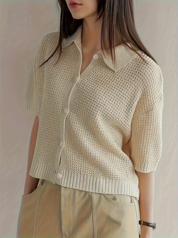 Solid Color Button Front Knit Cardigan, Casual Collared Short Sleeve Cardigan For Spring & Summer, Women's Clothing