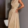 Ruffle Hem Botton Front Lepal Neck Dress, Elegant Belted Sleeveless Dress For Spring & Summer, Women's Clothing