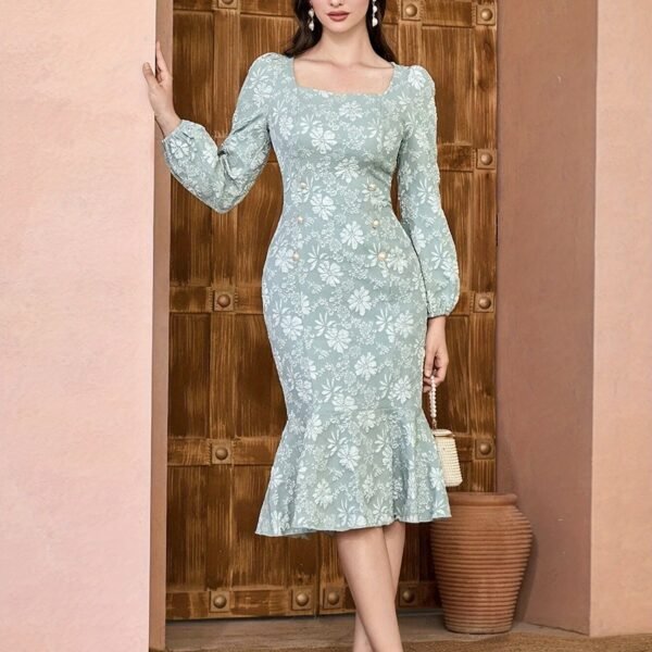 Allover Floral Print Mermaid Dress, Elegant Long Sleeve Bodycon Dress For Spring & Fall, Women's Clothing