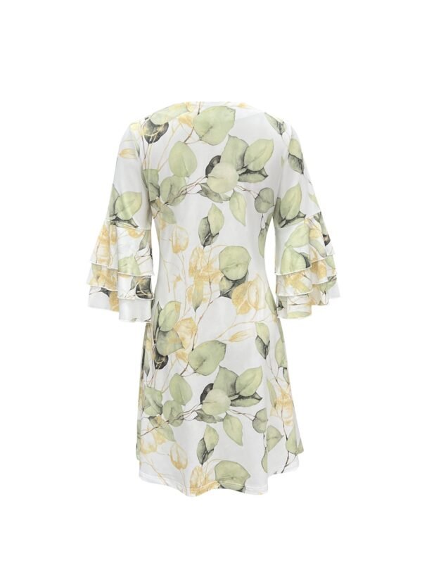 Leaf Print V Neck Dress, Casual Layered Flare Sleeve Dress For Spring & Summer, Women's Clothing