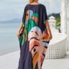 Plus Size Vacay Dress, Women's Plus Leaf Print Bat Sleeve V Neck Split Hem Cover Up Maxi Dress