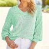 Solid V Neck Pointelle Knit Sweater, Casual 3/4 Sleeve Loose Sweater, Women's Clothing