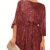 Sequined Tie Waist Dress, Elegant Solid Dress For Club & Party, Women's Clothing