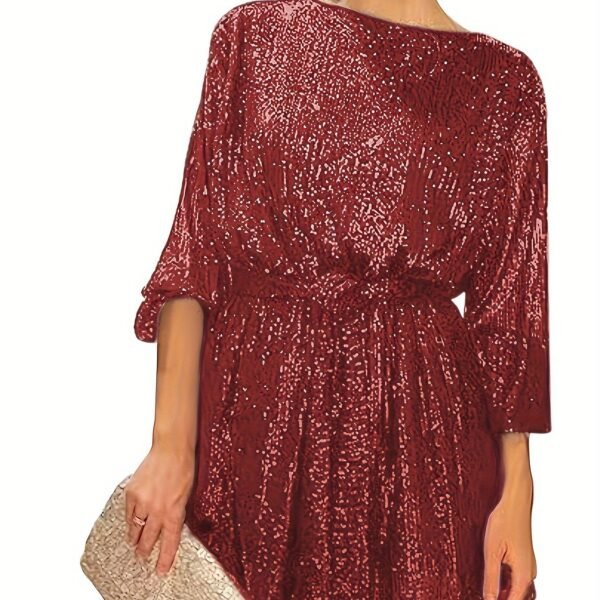 Sequined Tie Waist Dress, Elegant Solid Dress For Club & Party, Women's Clothing