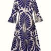 Plus Size All Over Print Tiered Dress, Vacation Button Front 3/4 Sleeve Dress For Spring & Summer, Women's Plus Size Clothing