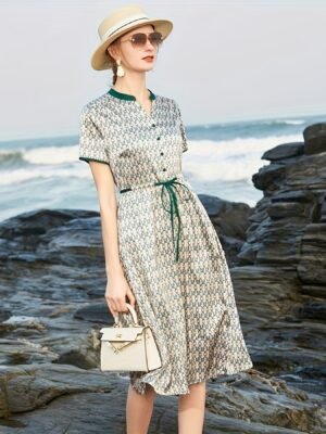 284ec663-2fa0-47ad-93c1-4c2913bc3d32-1.jpg Allover Print Drawstring Waist Dress, Elegant Short Sleeve Contrast Trim Button Front Dress For Spring & Summer, Women's Clothing