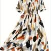 Allover Print Button Front A-line Dress, Elegant Short Sleeve Dress For Spring & Summer, Women's Clothing