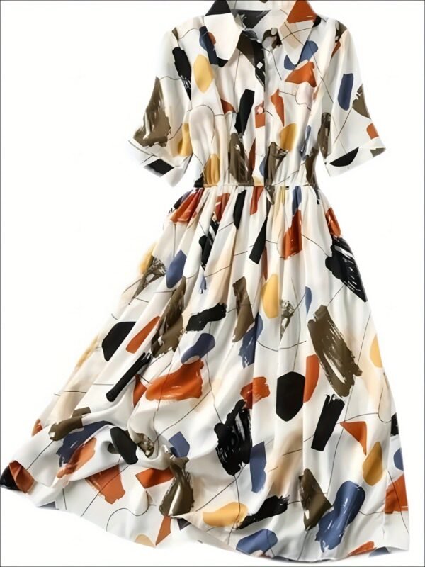 Allover Print Button Front A-line Dress, Elegant Short Sleeve Dress For Spring & Summer, Women's Clothing