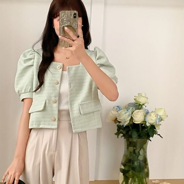 Puff Sleeve Square Neck Jacket, Elegant Button Front Jacket For Spring & Fall, Women's Clothing