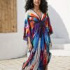 Plus Size Colorful Butterfly Print Slit Dress, Casual Batwing Sleeve Dress For Spring & Summer, Women's Plus Size Clothing